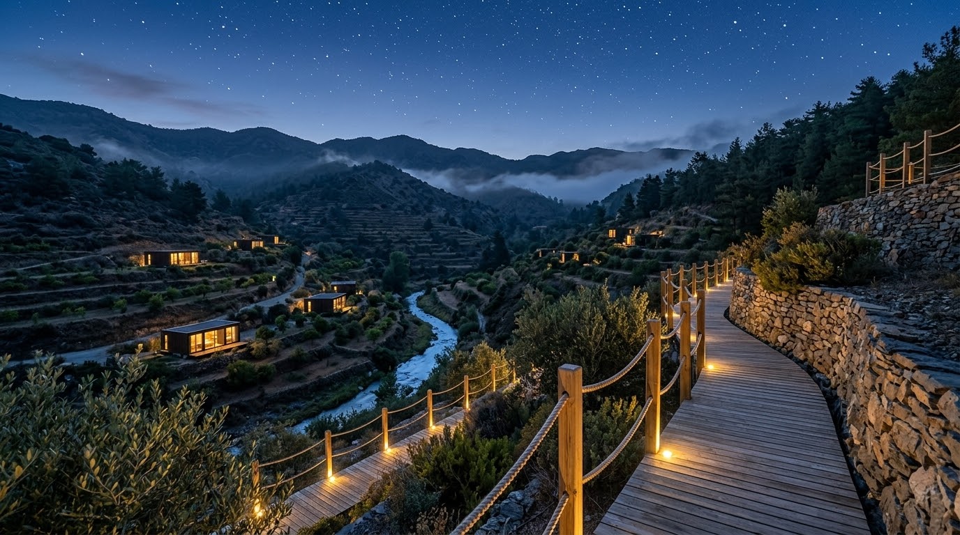 Concept of softly lit pathways and mountain suites under a starry sky