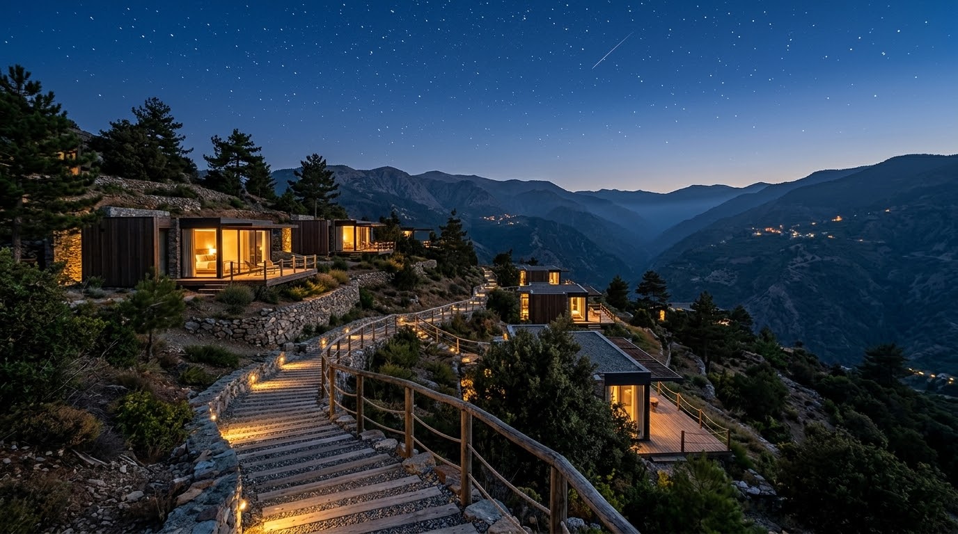 Concept of timber and glass modular suites with warmly lit interiors at dusk