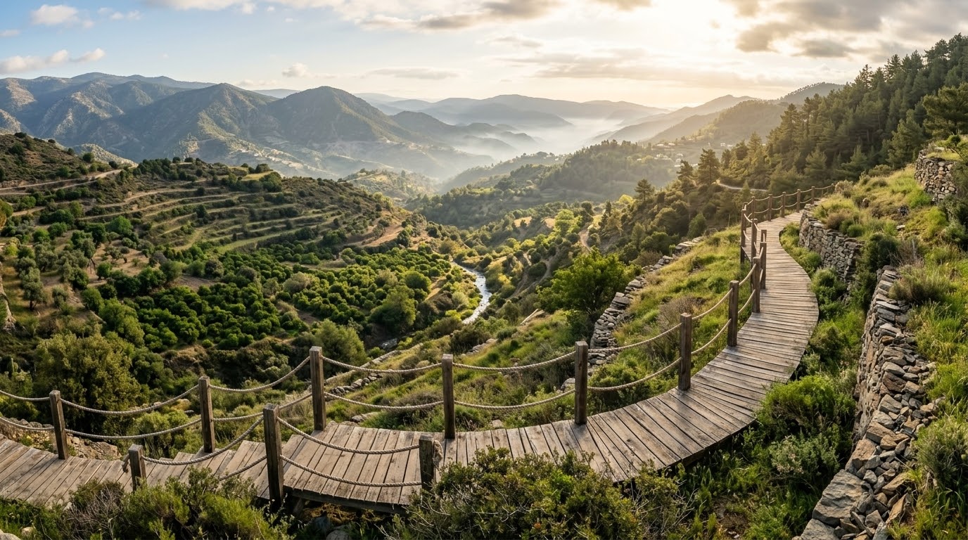 Concept of terraced orchards and a wooden nature trail in the mountains